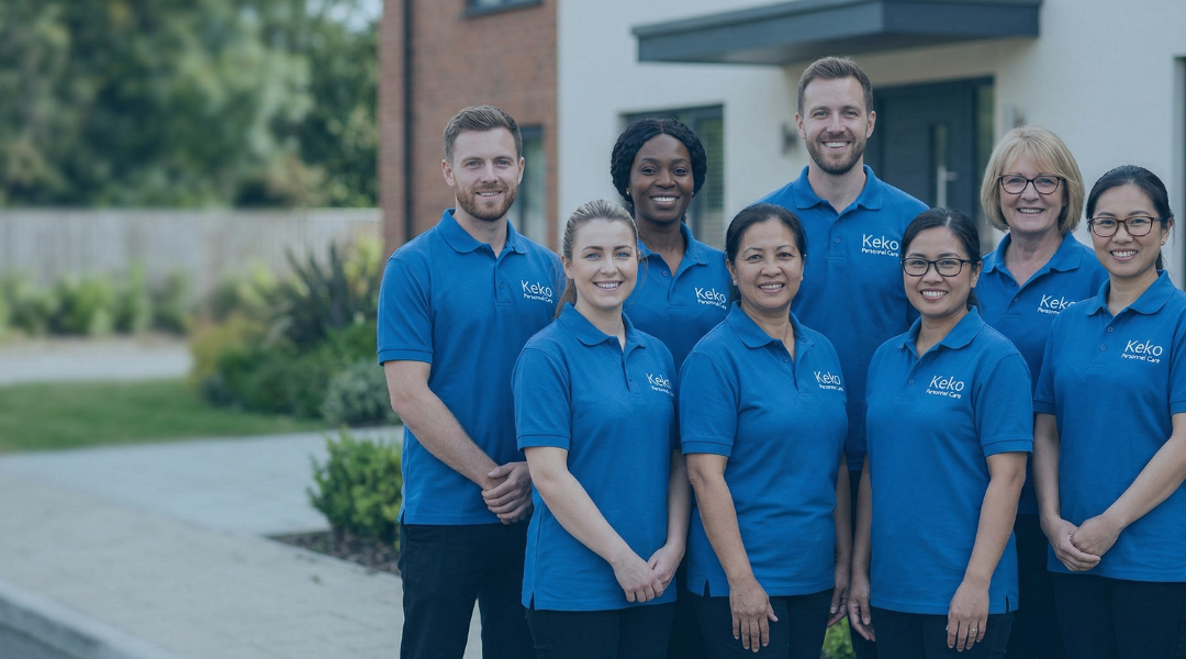 Diverse team of Keko Personnel care workers in branded blue uniforms