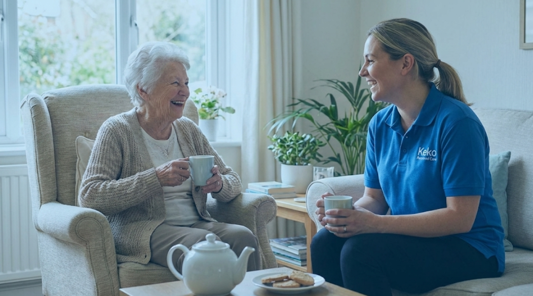 Professional carer and elderly person enjoying tea and conversation together in a bright living room