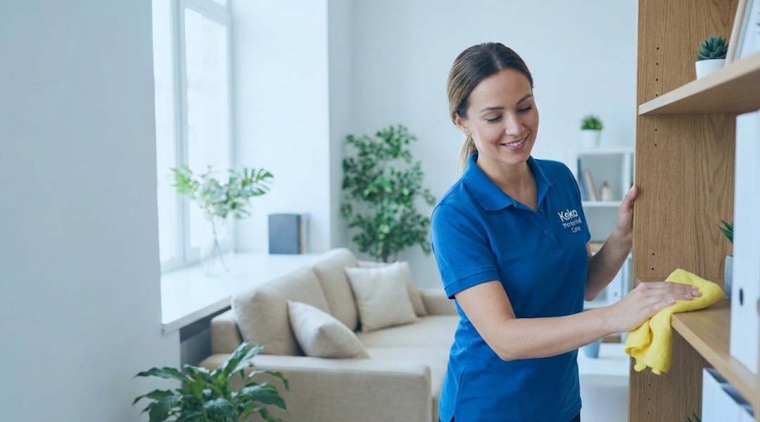 Professional carer helping with housework in a bright, tidy living room