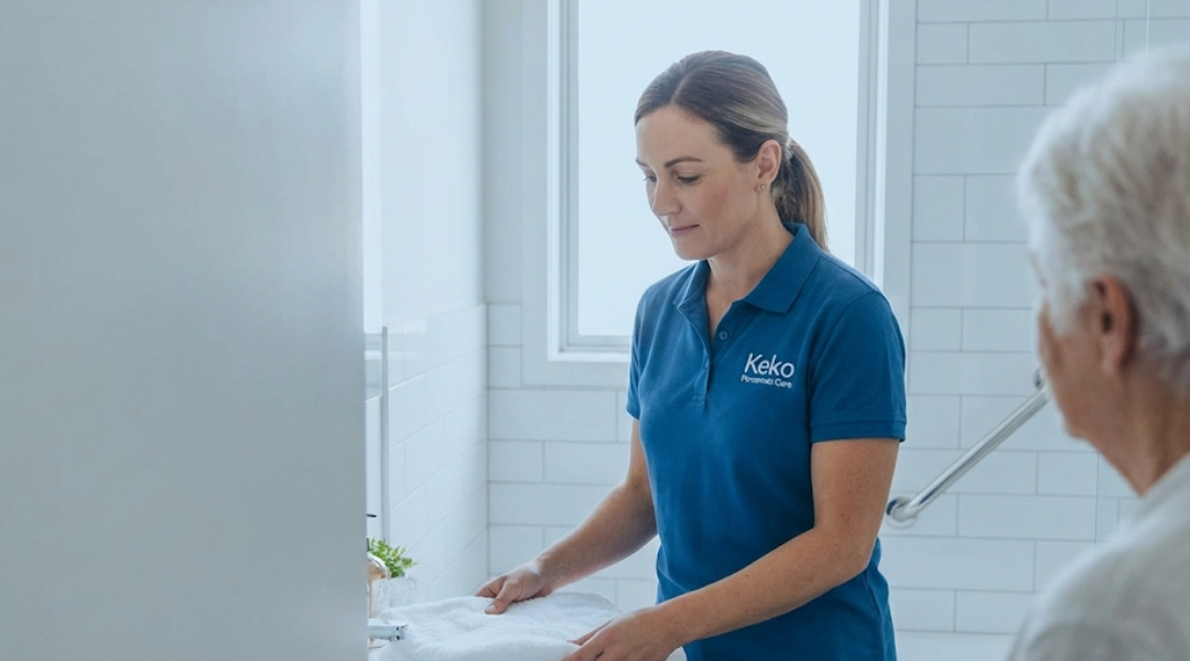 Professional carer assisting with personal care in a home setting